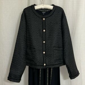 IS 3X Black Button Front Tweed Blazer with Gold Tone Pearl Buttons and Pockets